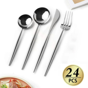 Silverware Set, WeluvFit 24 Piece Stainless Steel Flatware Cutlery Set, Thick Metal Tableware Eating Utensils Include Forks Spoons Knives, Square Edge