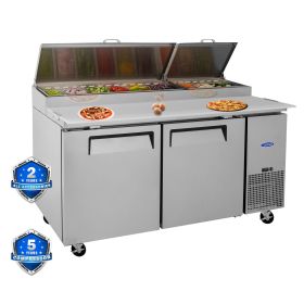 Orikool 67 IN Commercial Pizza Prep Table with a Built-in Refrigerator 20.3 Cu.Ft, Butcher Block Cutting Board, Protection Lid, Cold Storage, and Smoo