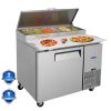 Orikool 44 IN Commercial Pizza Prep Table with a Built-in Refrigerator 11 Cu.Ft, Butcher Block Cutting Board, Protection Lid, Cold Storage, and Smooth