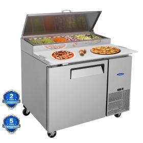 Orikool 44 IN Commercial Pizza Prep Table with a Built-in Refrigerator 11 Cu.Ft, Butcher Block Cutting Board, Protection Lid, Cold Storage, and Smooth