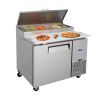 Orikool 44 IN Commercial Pizza Prep Table with a Built-in Refrigerator 11 Cu.Ft, Butcher Block Cutting Board, Protection Lid, Cold Storage, and Smooth